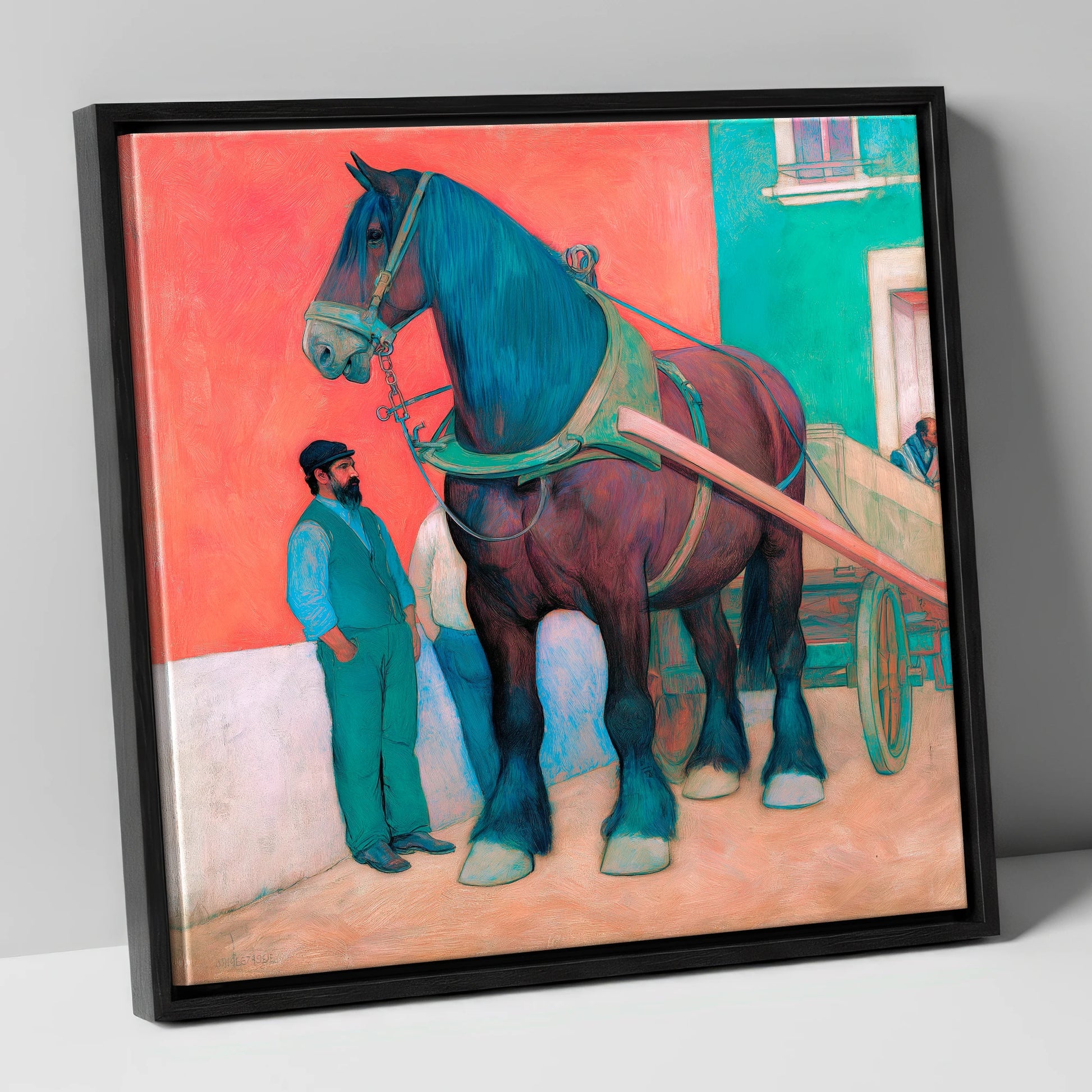 Strength and Stillness working horse canvas wall art in black frame