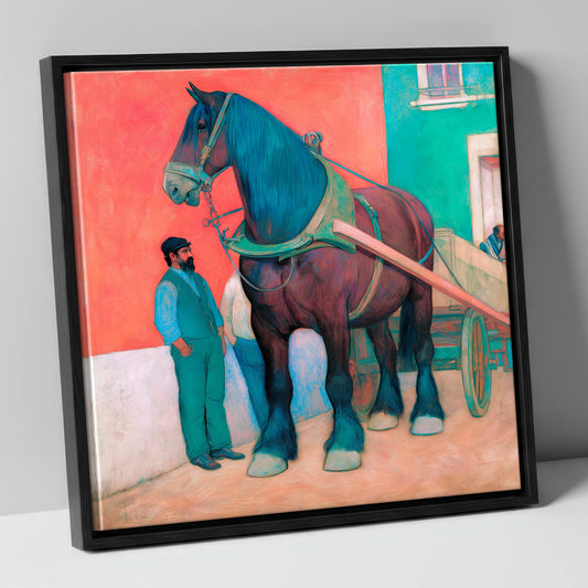 Strength and Stillness working horse canvas wall art in black frame