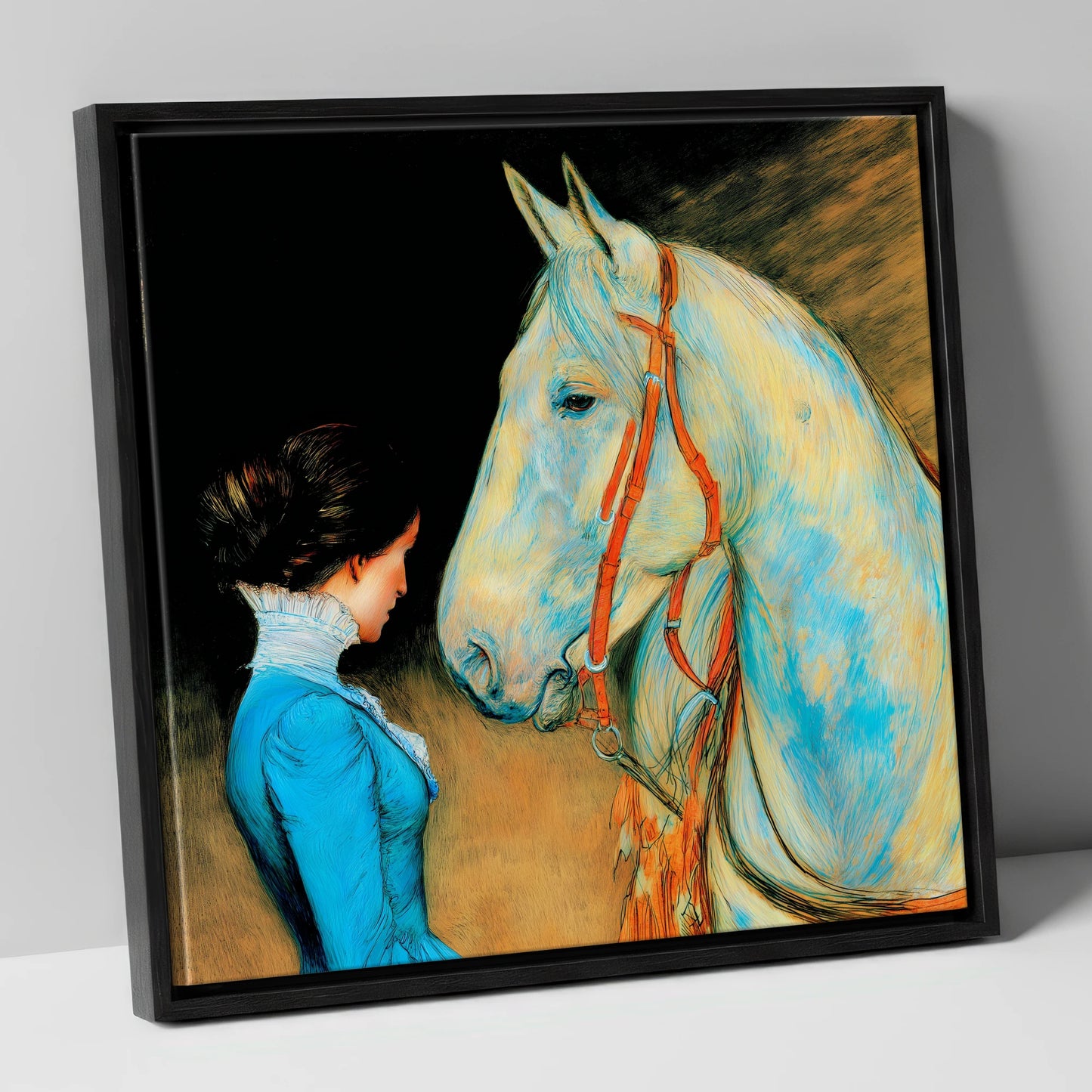 Cerulean Connection horse & rider canvas wall art in black frame