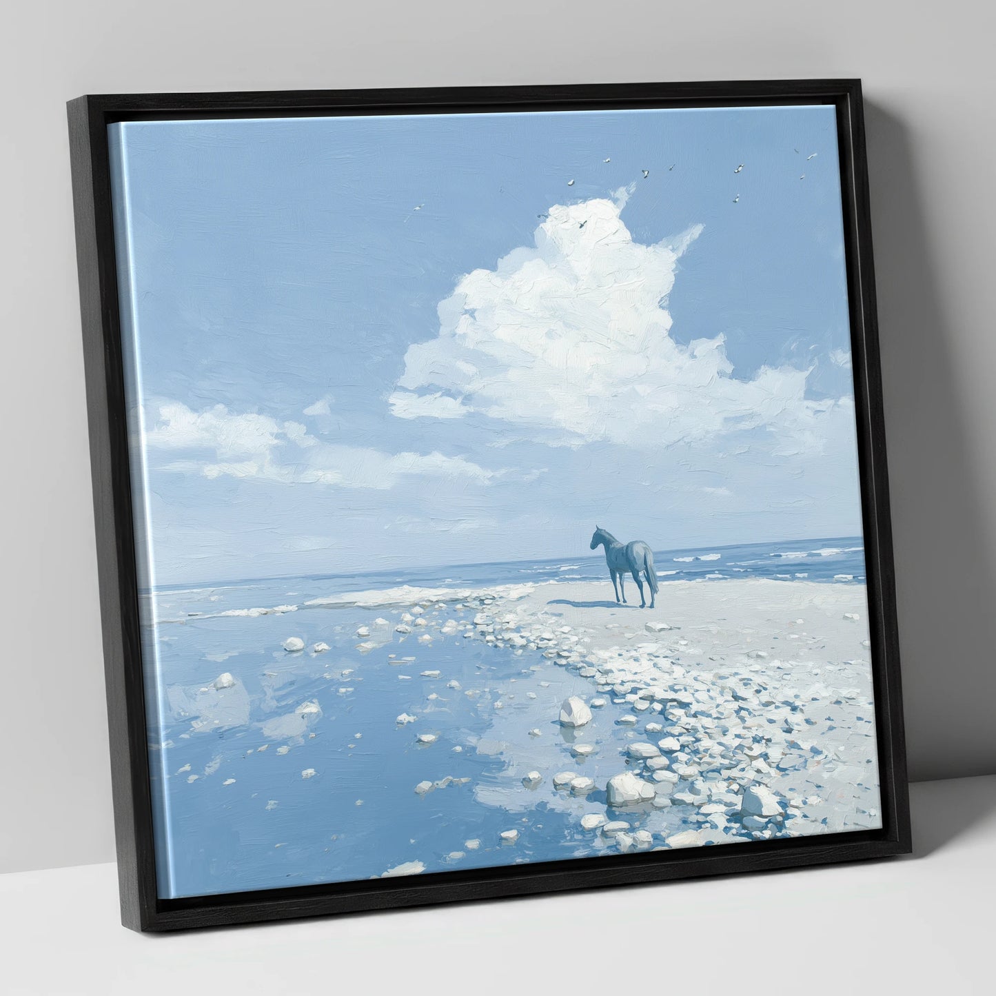 Solitude on the Shore horse landscape canvas wall art in black frame