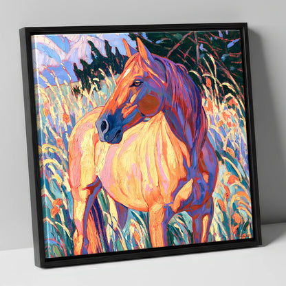 Vibrant Horse in Tall Grass horse breed canvas wall art in black frame