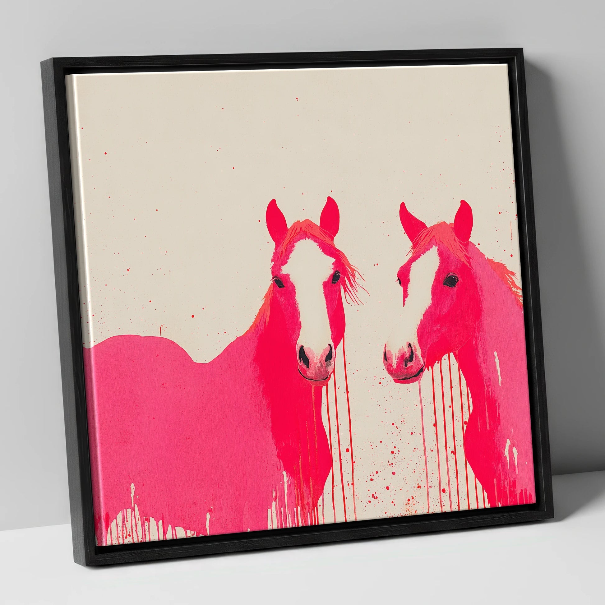 Vivid Pink Companions horse landscape canvas wall art in black frame