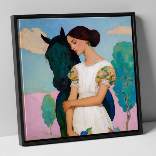 Quiet Colourful Bond horse & rider canvas wall art in black frame