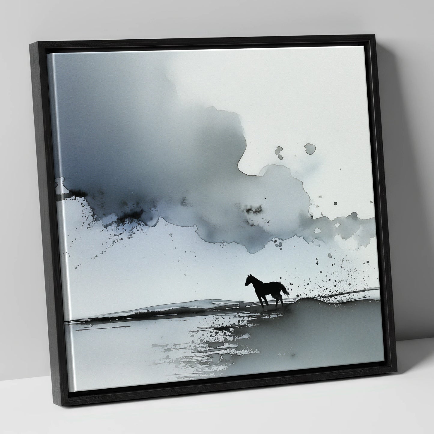 Atmospheric Grey Horizon horse landscape canvas wall art in black frame