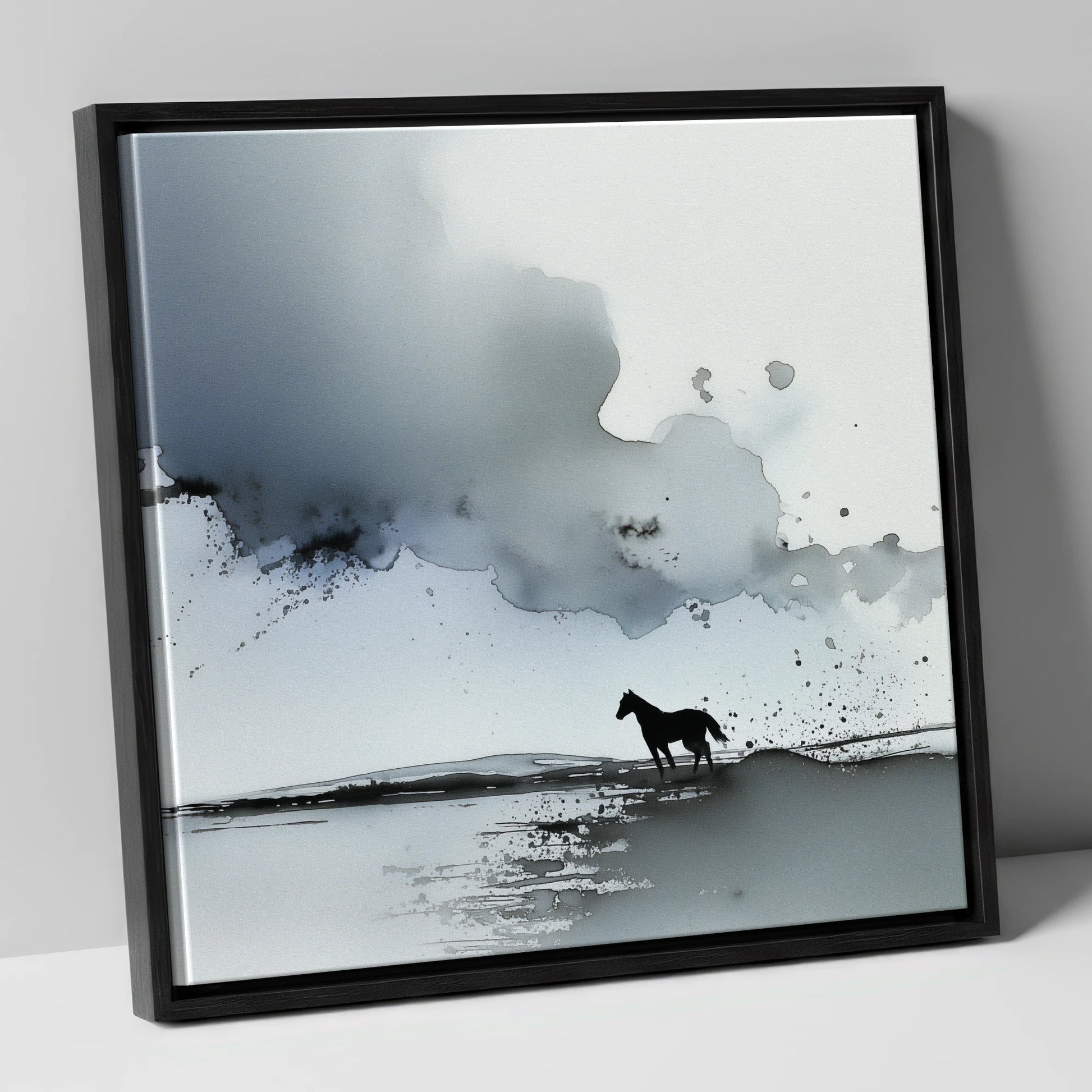 Atmospheric Grey Horizon horse landscape canvas wall art in black frame