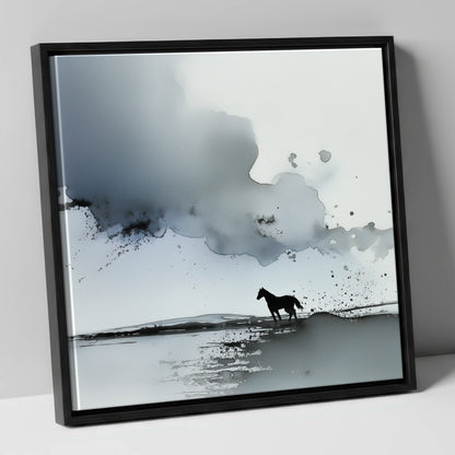 Atmospheric Grey Horizon horse landscape canvas wall art in black frame