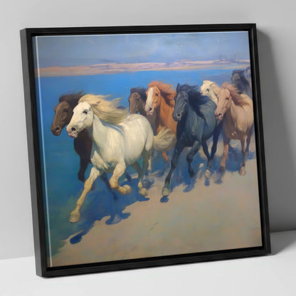 Azure Coastal Gallop wild horses canvas wall art in black frame