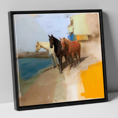 The Waterfront Trio horse landscape canvas wall art in black frame