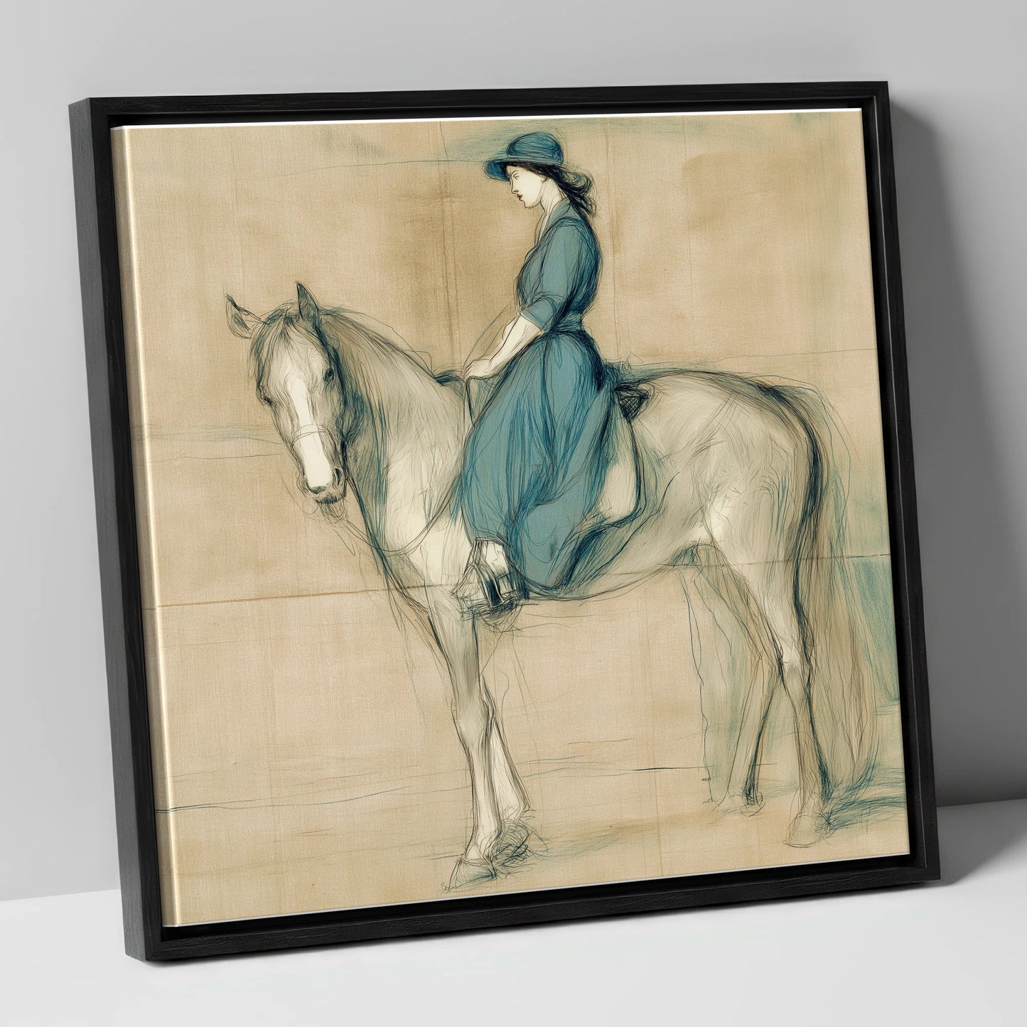 The Lady in Teal horse & rider canvas wall art in black frame
