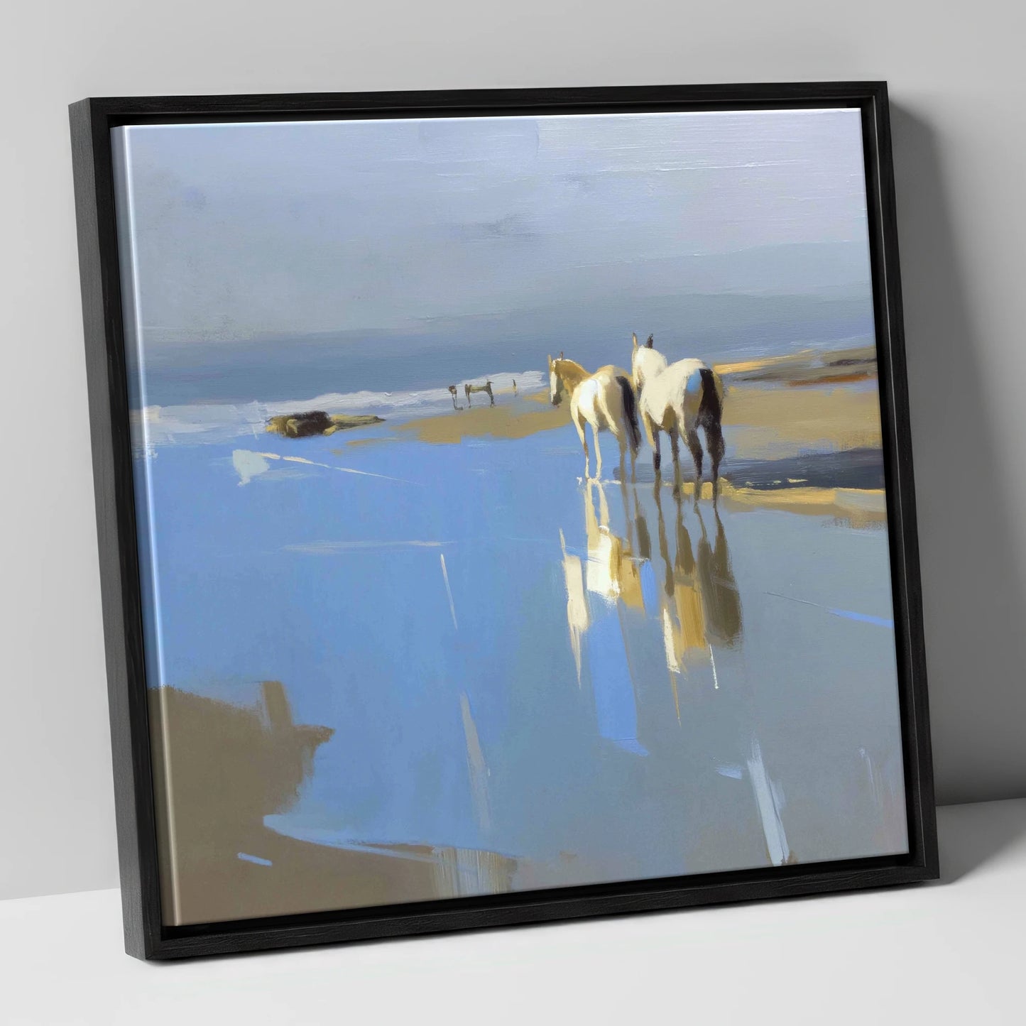 Sunlit Coastal Reflections horse landscape canvas wall art in black frame