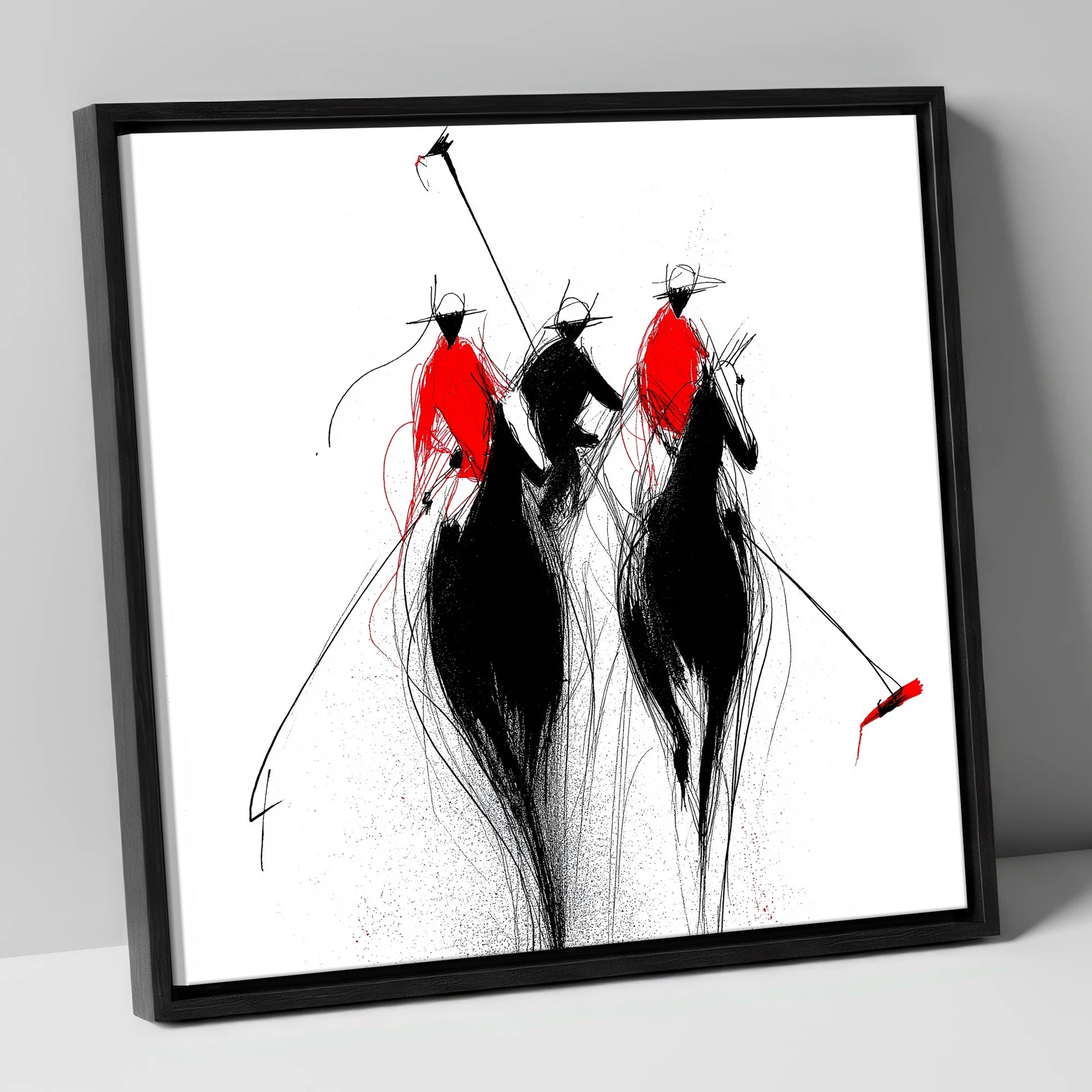 The Crimson Charge polo horse canvas wall art in black frame