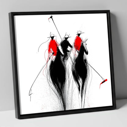The Crimson Charge polo horse canvas wall art in black frame