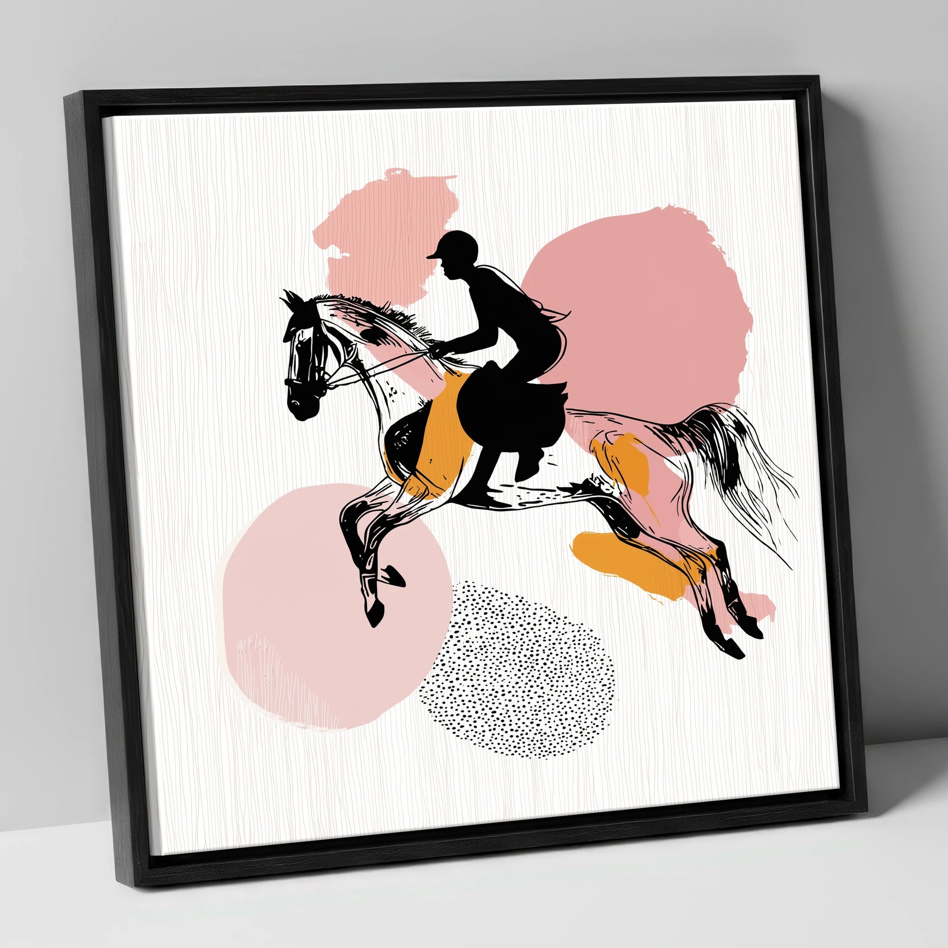 Abstract Equine Flight show jumping horse canvas wall art in black frame