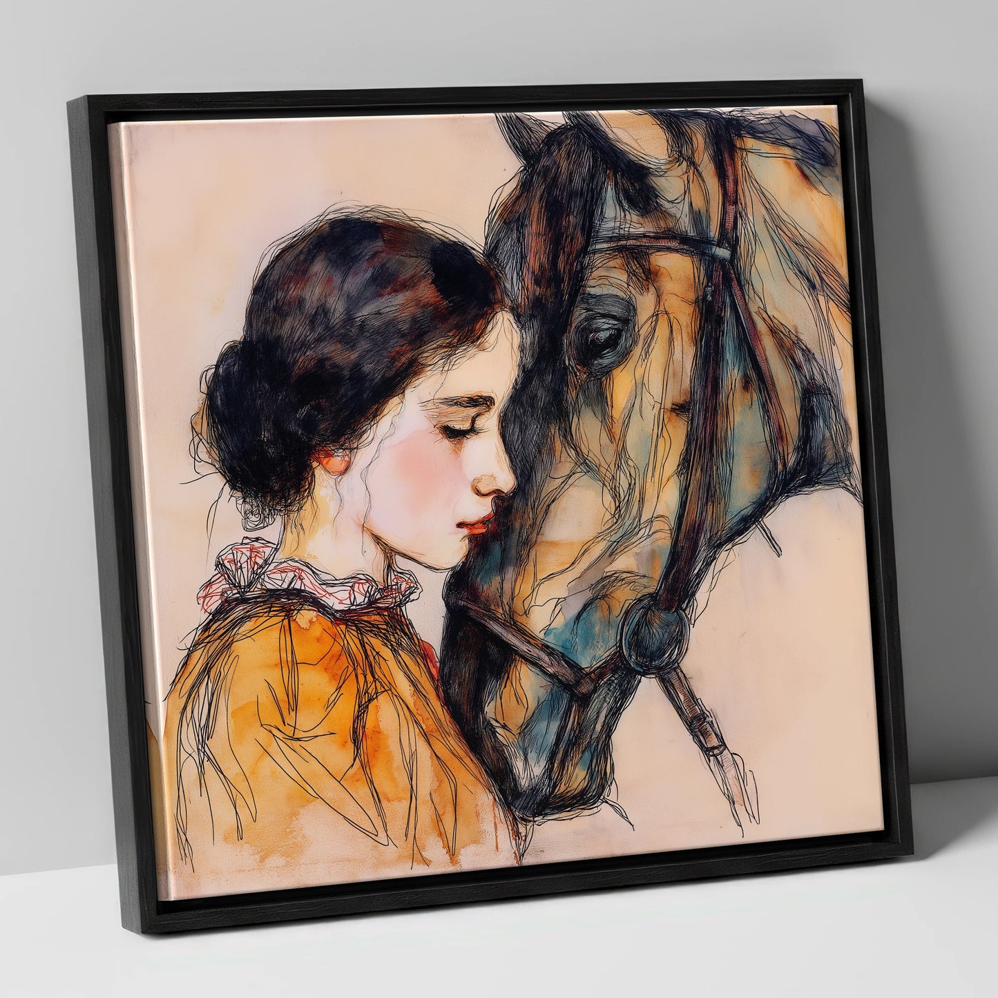 The Unspoken Bond horse & rider canvas wall art in black frame