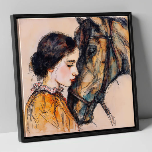 The Unspoken Bond horse & rider canvas wall art in black frame