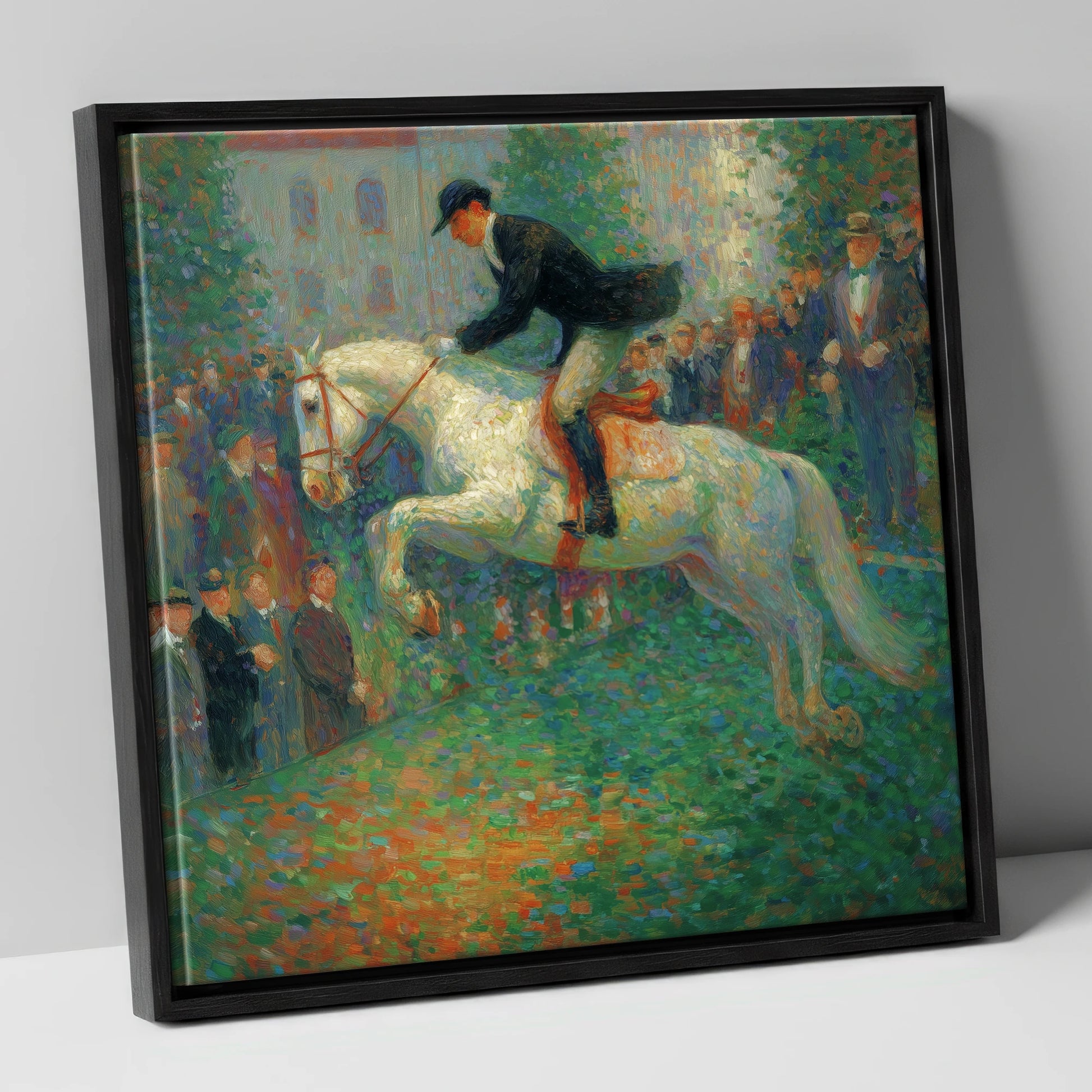 The Luminous Leap show jumping horse canvas wall art in black frame