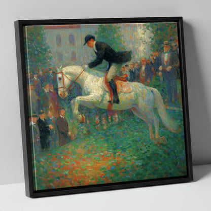The Luminous Leap show jumping horse canvas wall art in black frame