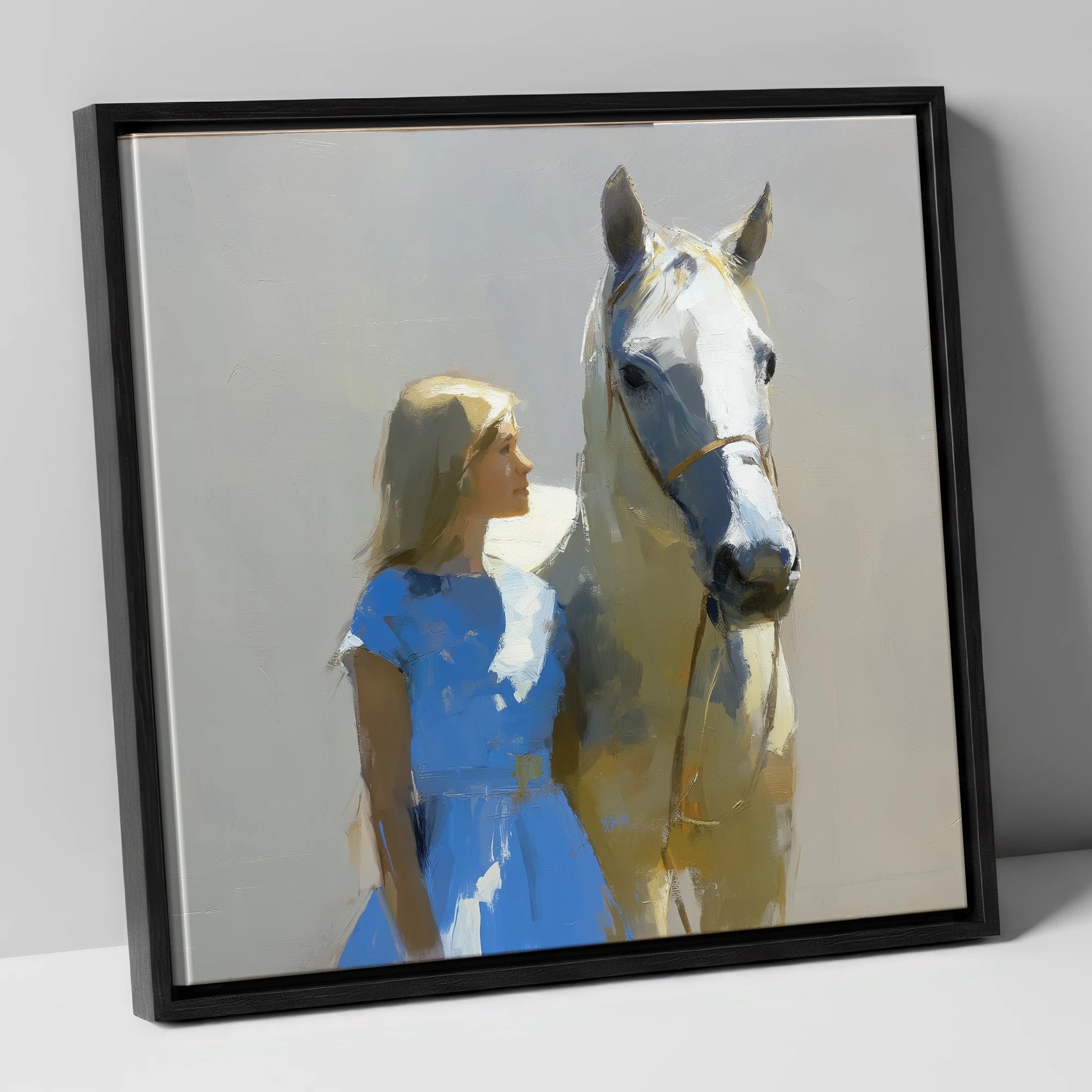A Sunlit Bond horse & rider canvas wall art in black frame