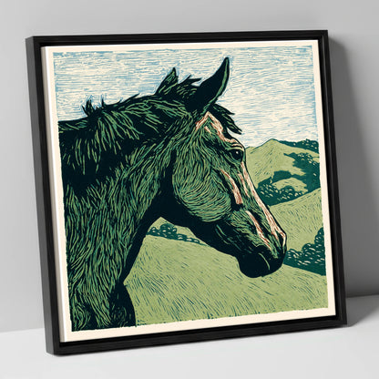 Verdant Valley Gaze horse portrait canvas wall art in black frame