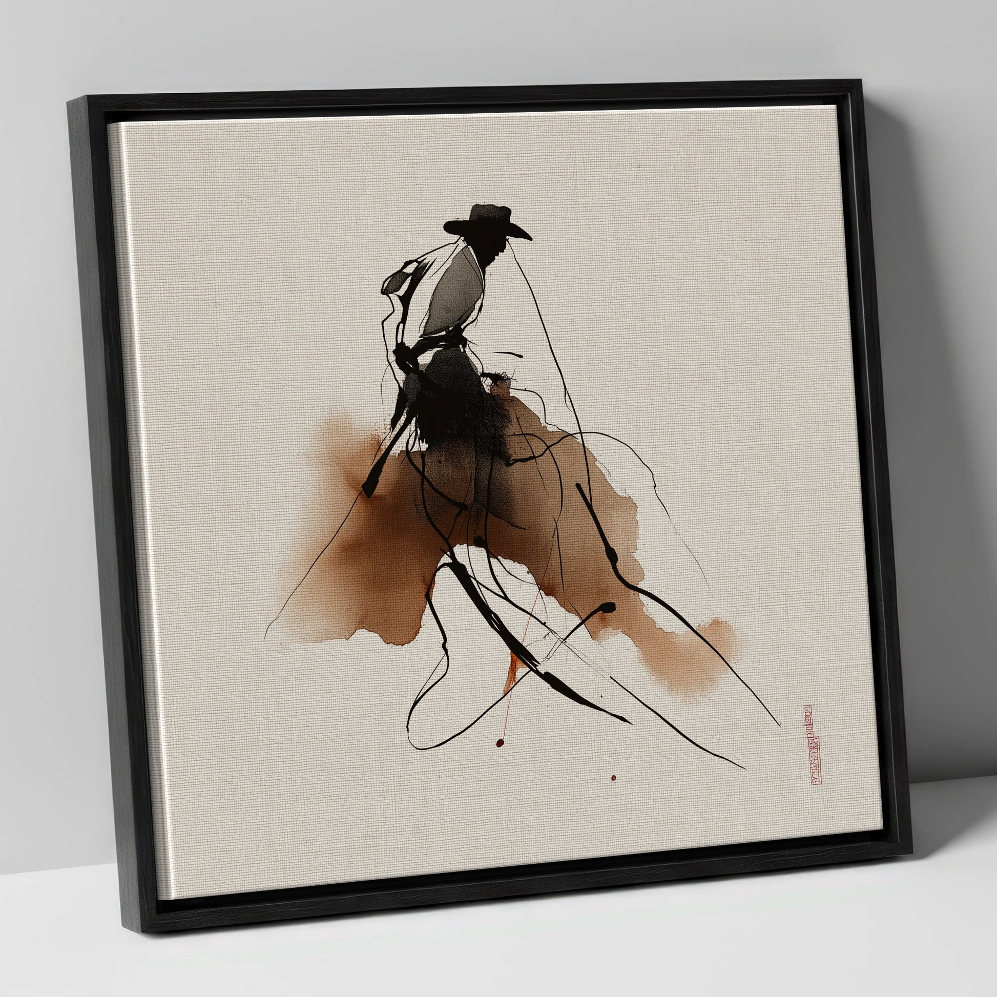 The Sepia Rider western horse canvas wall art in black frame