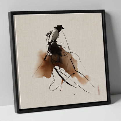 The Sepia Rider western horse canvas wall art in black frame