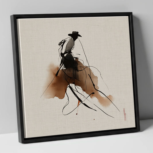 The Sepia Rider western horse canvas wall art in black frame