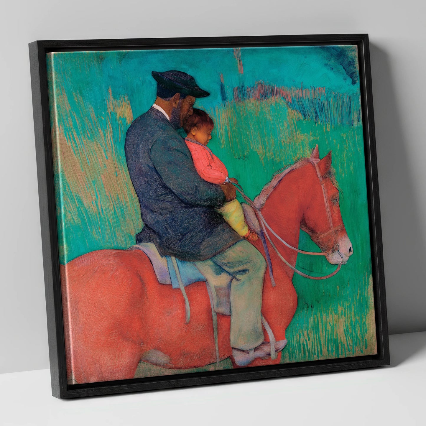 The Shared Ride horse & rider canvas wall art in black frame