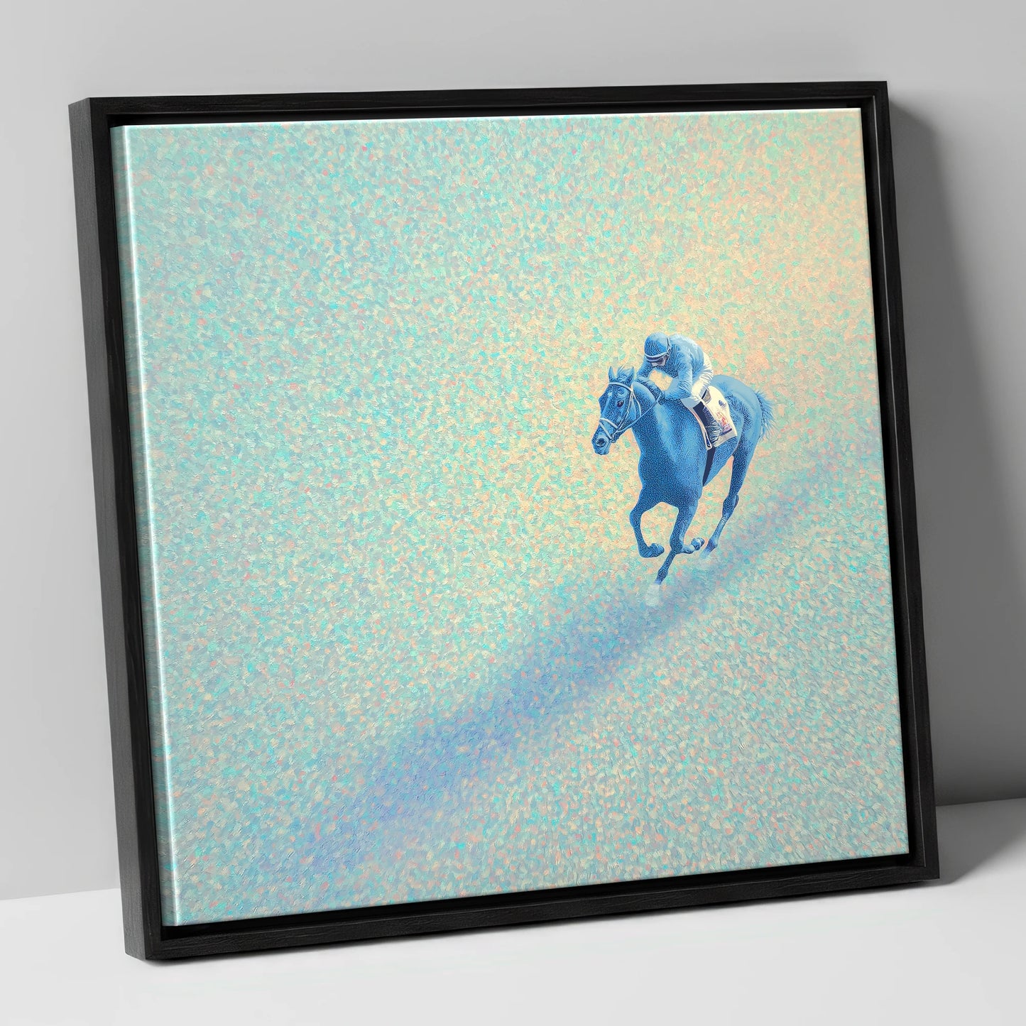 Luminous Racing Stride racing horse canvas wall art in black frame