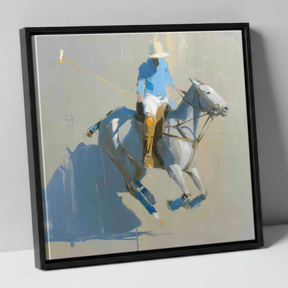 Slate Blue Chukka polo horse canvas wall art in black frame