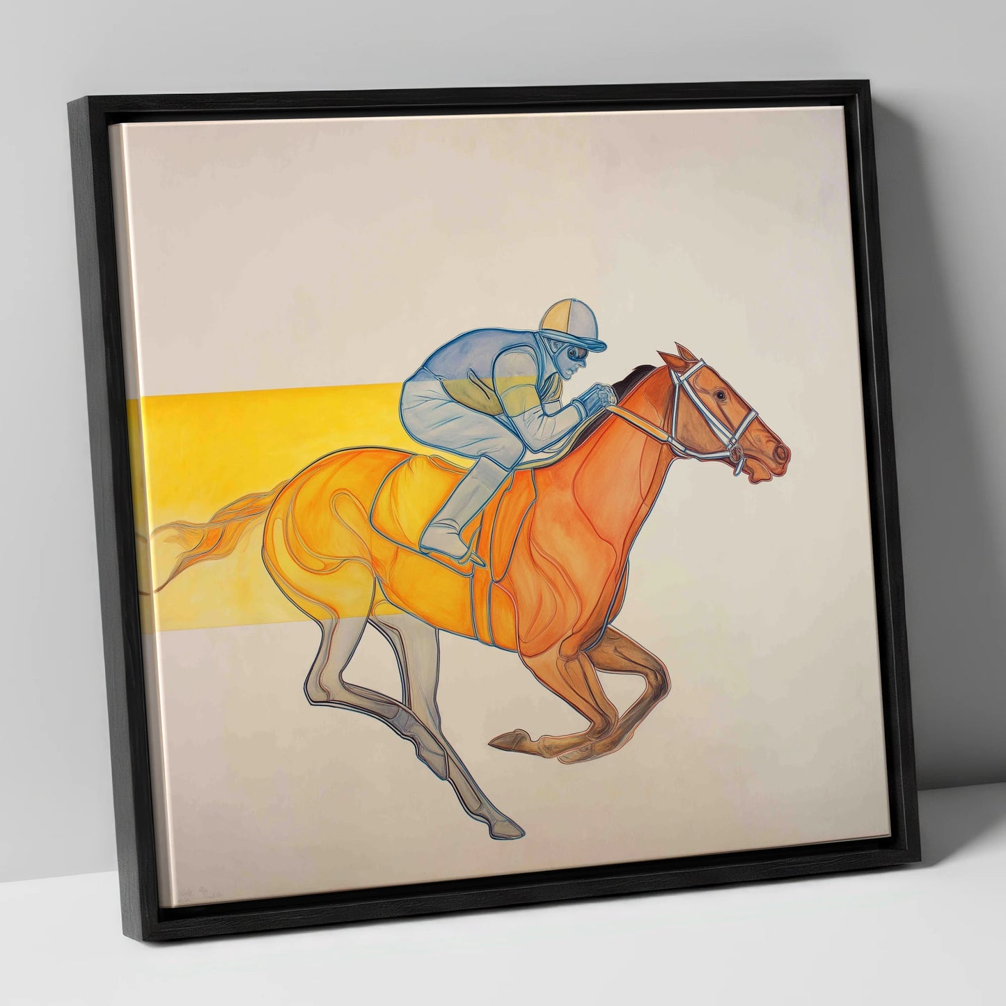 Radiant Racing Stride racing horse canvas wall art in black frame