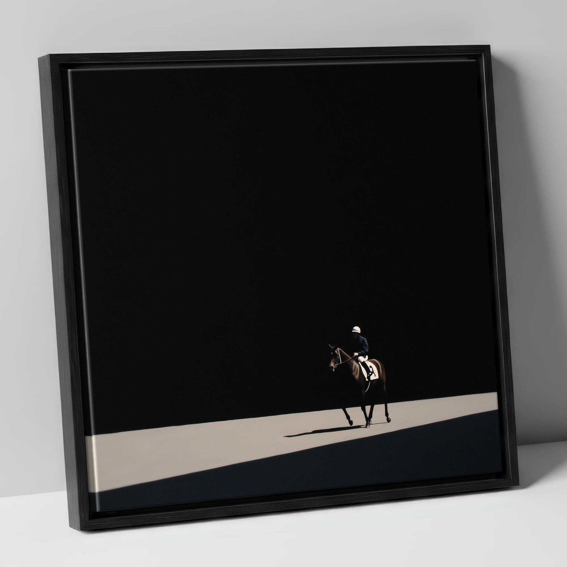 Out of the Shadows racing horse canvas wall art in black frame