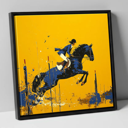 Airborne in Ochre show jumping horse canvas wall art in black frame