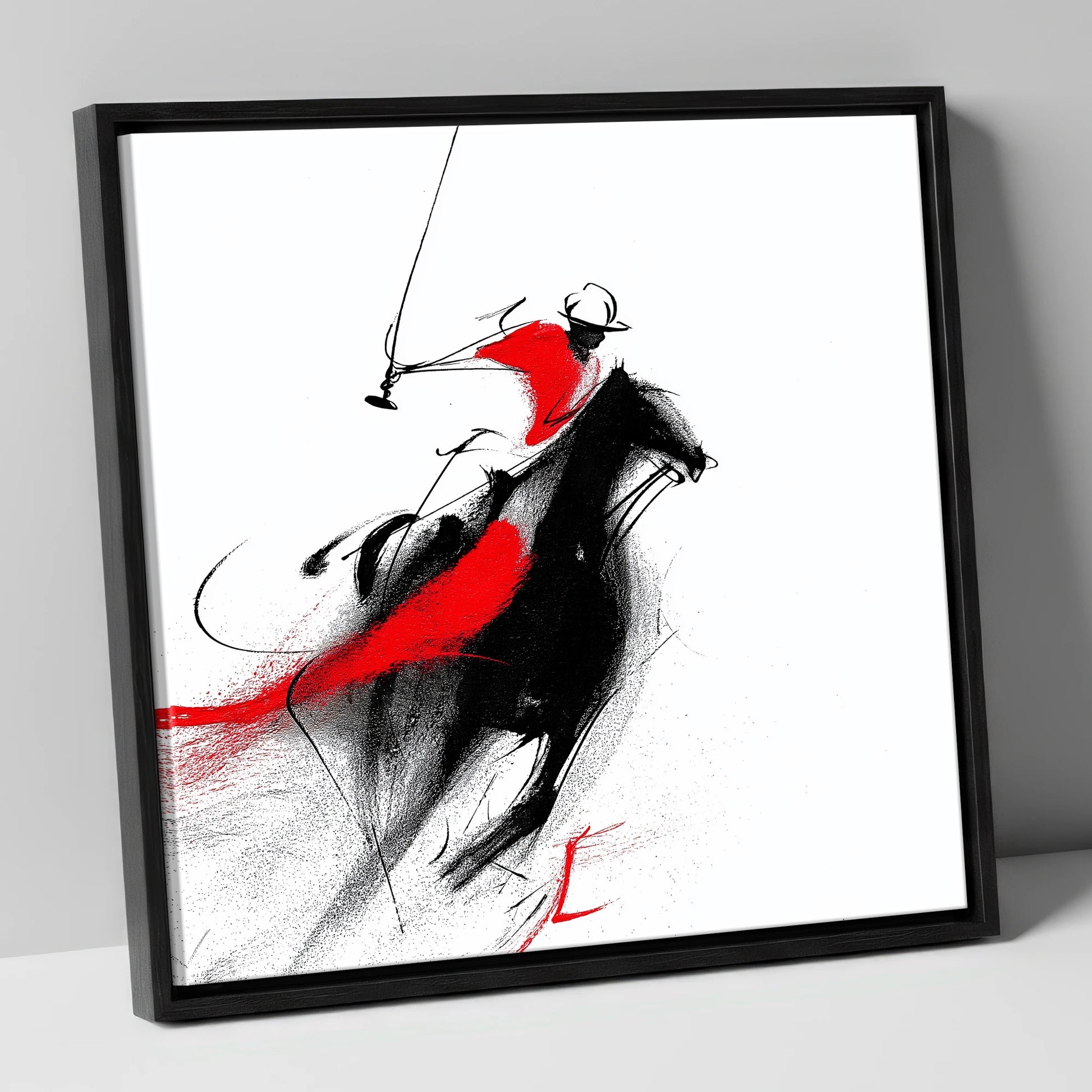 Dynamic Strike polo horse canvas wall art in black frame