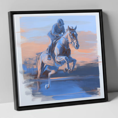Cobalt Flight show jumping horse canvas wall art in black frame