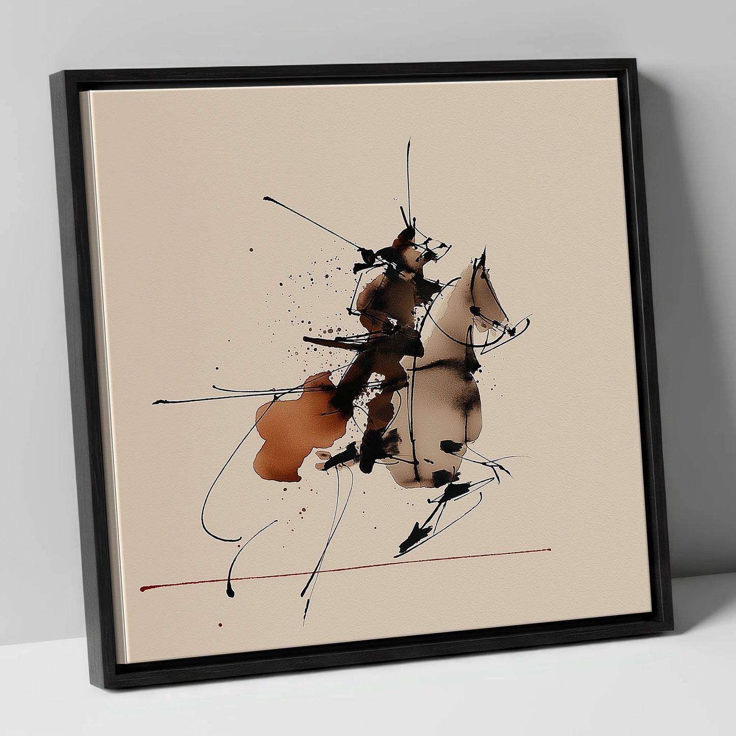 Abstract Momentum in Ink horse & rider canvas wall art in black frame
