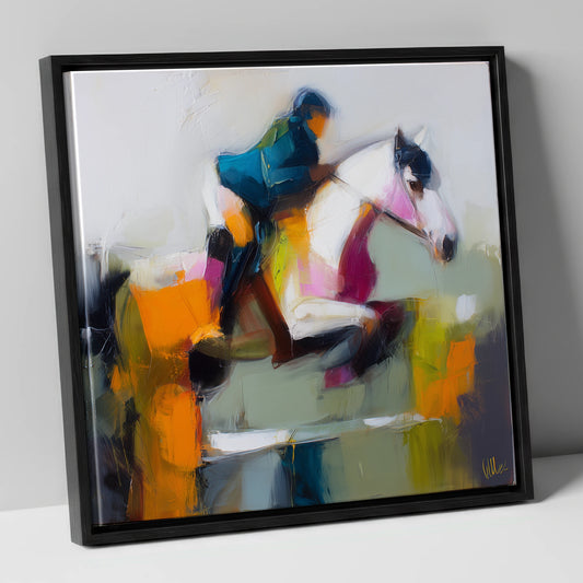 Vivid Flight show jumping horse canvas wall art in black frame