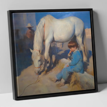 Quiet Companions horse & rider canvas wall art in black frame