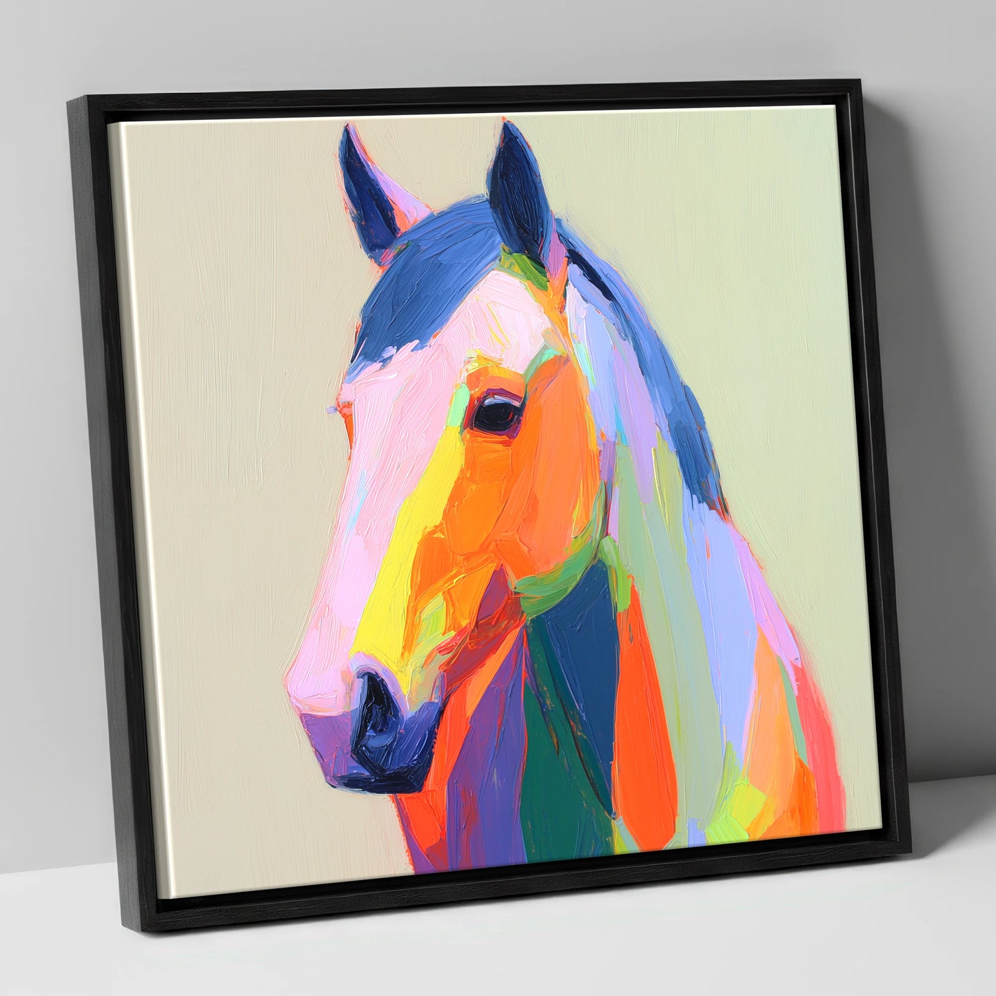 Vivid Technicolour Spirit horse portrait canvas wall art in black frame