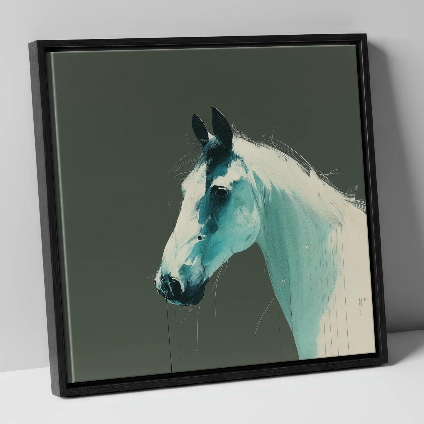 Contemporary Teal Profile horse portrait canvas wall art in black frame