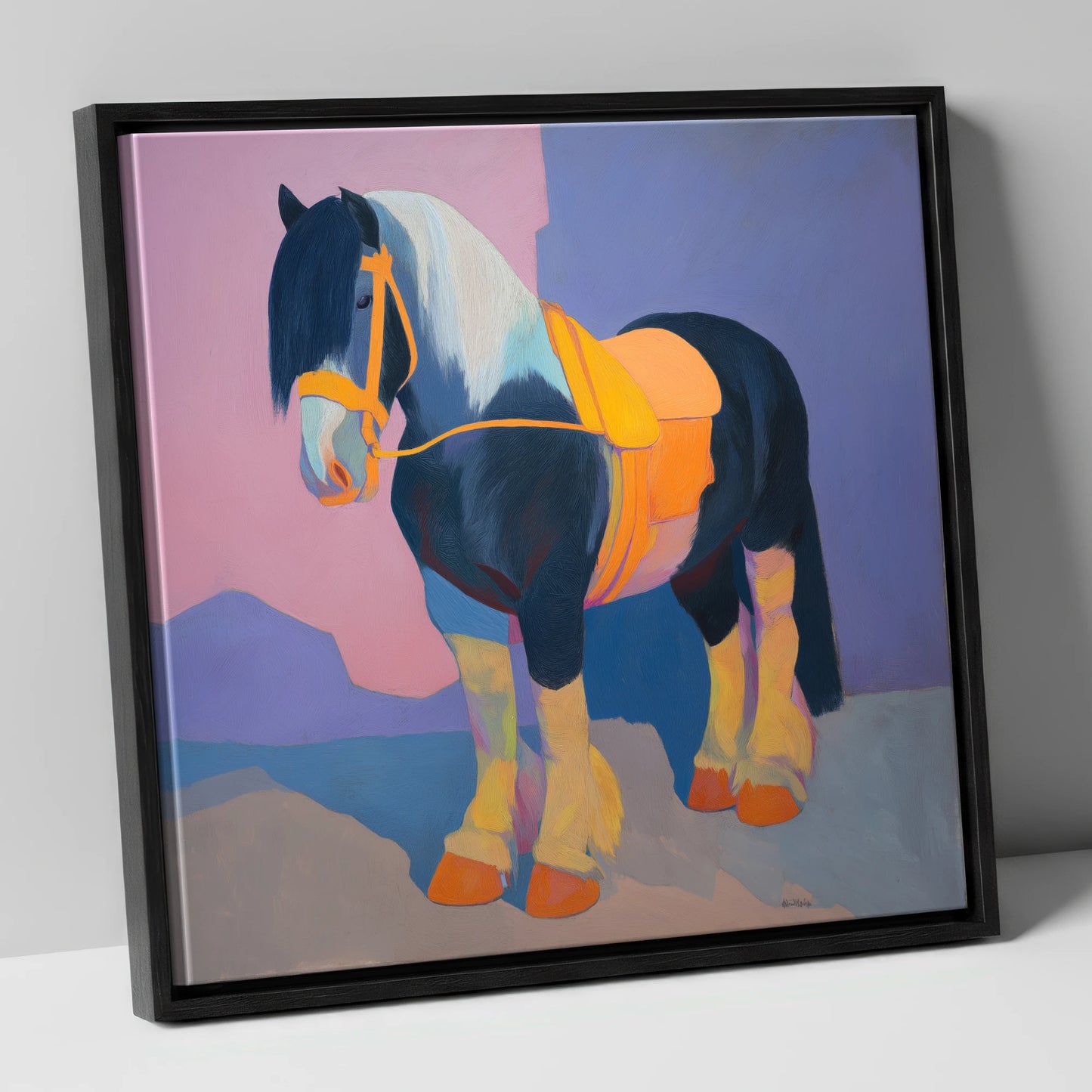 Vibrant Painted Cob horse breed canvas wall art in black frame