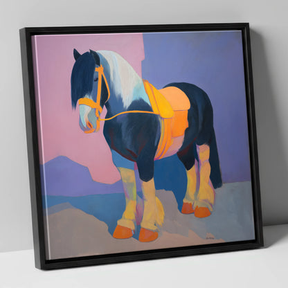 Vibrant Painted Cob horse breed canvas wall art in black frame