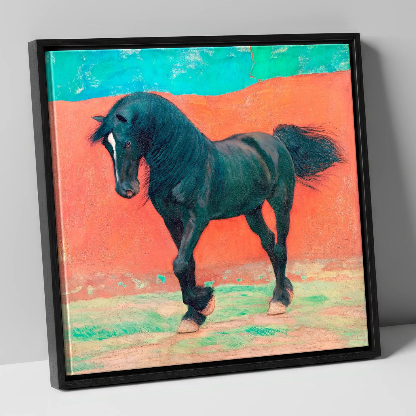Bold Friesian Rhythm horse breed canvas wall art in black frame