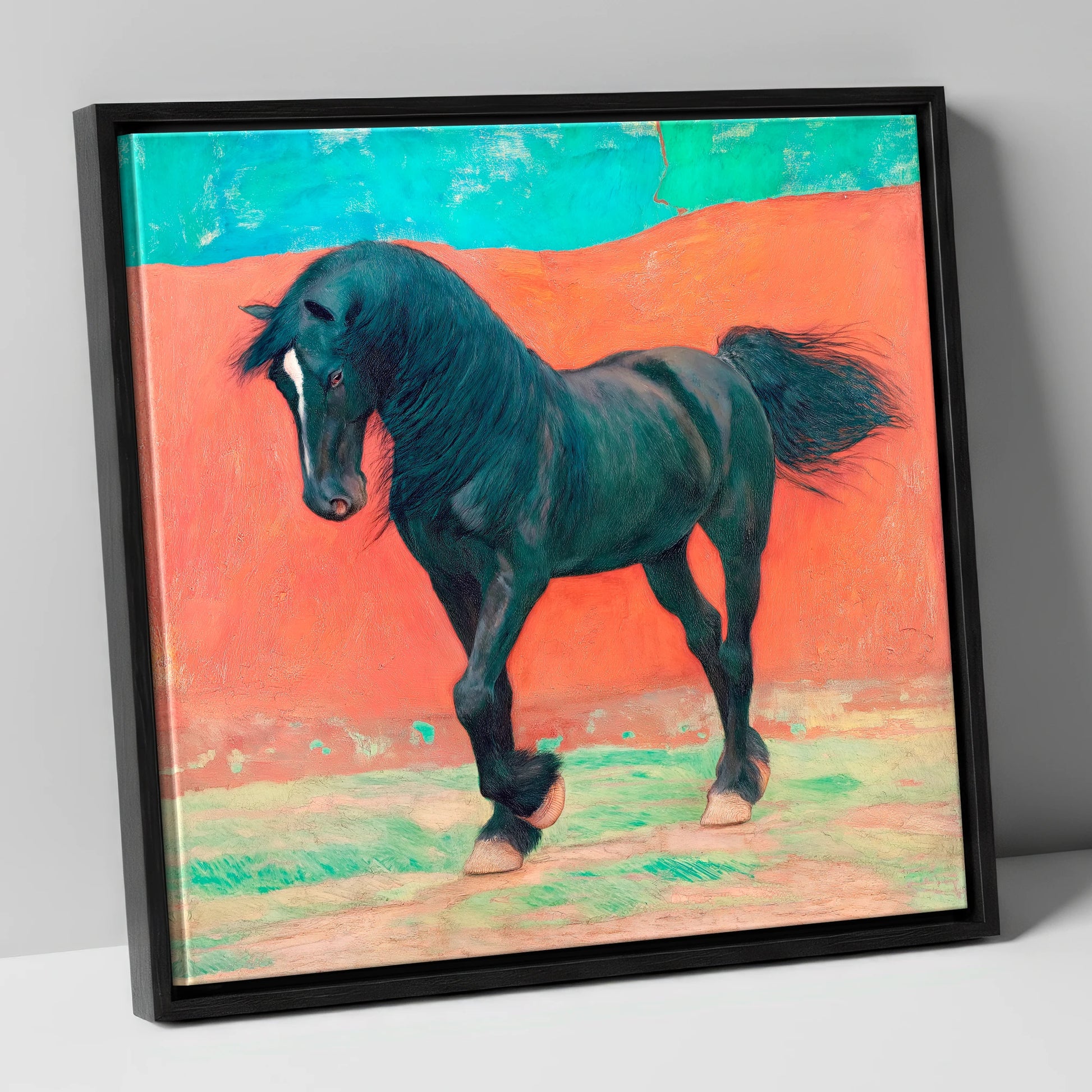 Bold Friesian Rhythm horse breed canvas wall art in black frame