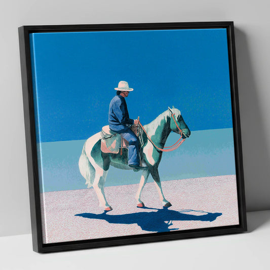 Western Rider and Grey Horse western horse canvas wall art in black frame