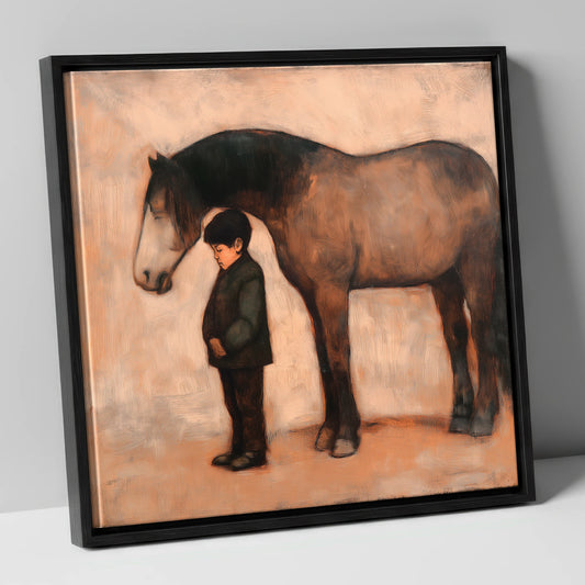 A Quiet Understanding horse & rider canvas wall art in black frame