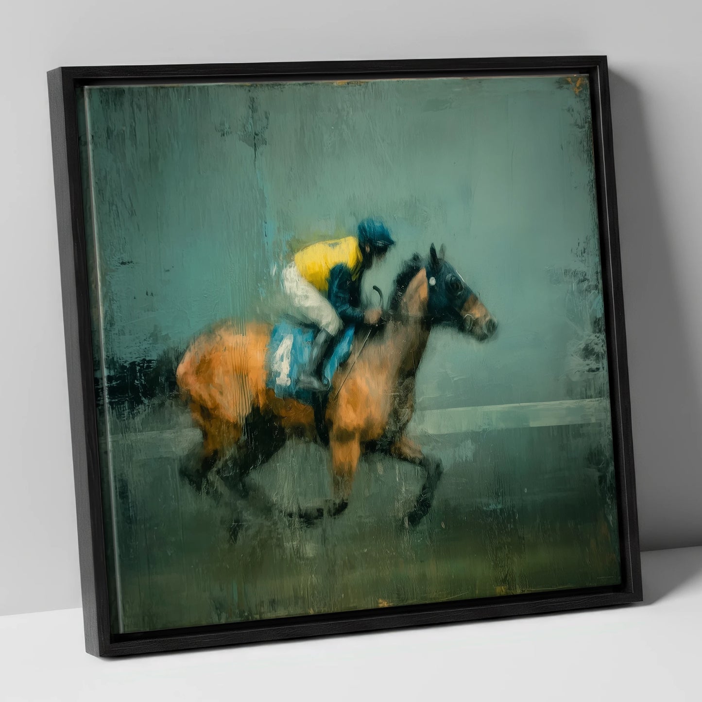 Out of the Shadows racing horse canvas wall art in black frame