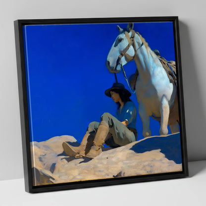 Beneath Azure Skies horse & rider canvas wall art in black frame