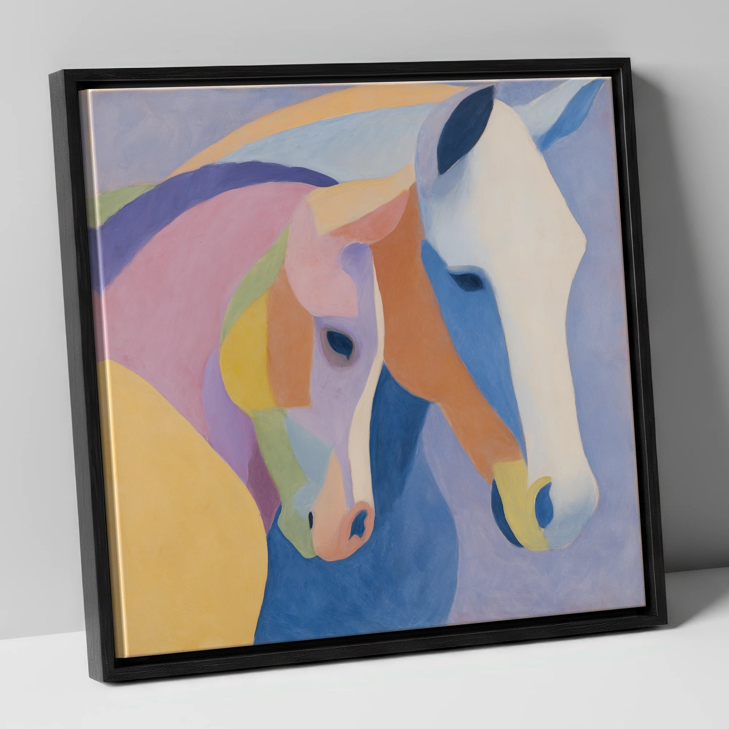 Pastel Equine Harmony mare & foal canvas wall art in black frame