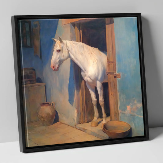 The Blue Stable Door horse stable canvas wall art in black frame