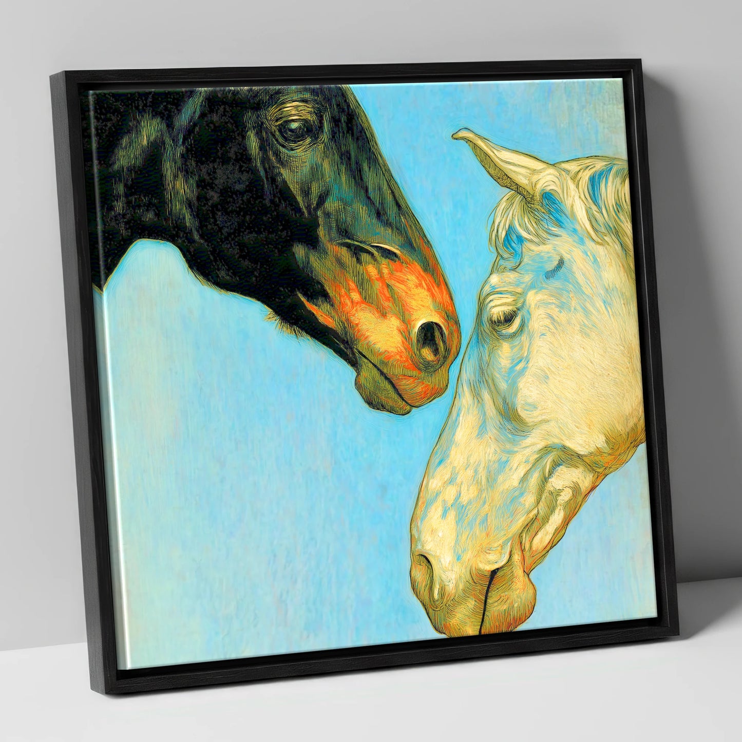 Sun and Shadow horse portrait canvas wall art in black frame